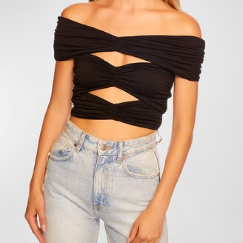 Susana Monaco Off shoulder cut-out crop top black jersey knit shirt blouse new M